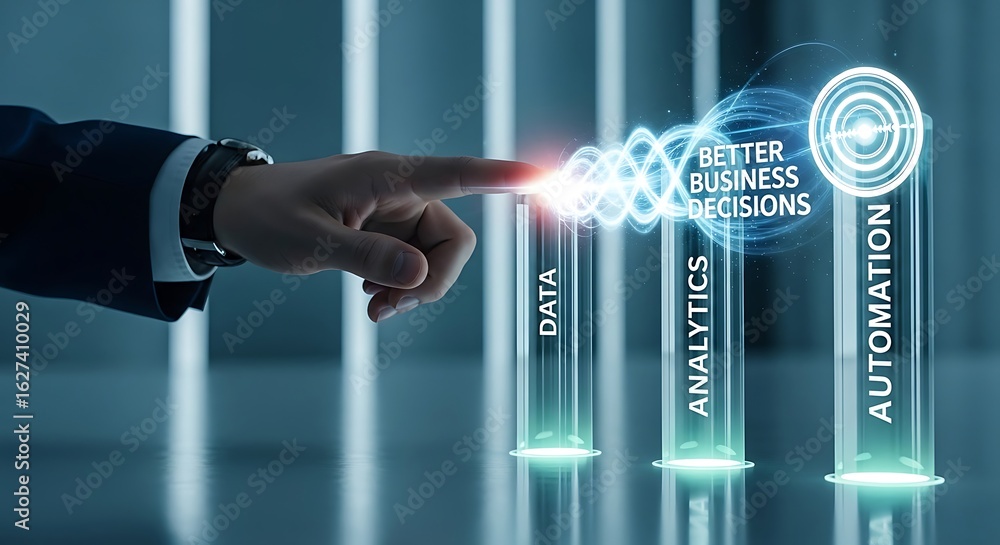 Poster a person's finger interacting with data visualization, representing business automation and analytic