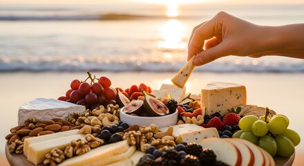 A hand holding a piece of cheese from a charcuterie board set on a beach with the sunset in the background. The board features various cheeses, fruits, and nuts.