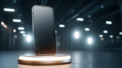 Sleek Mobile Phone Mockup on Glowing Display Stand in Dark Futuristic Setting
