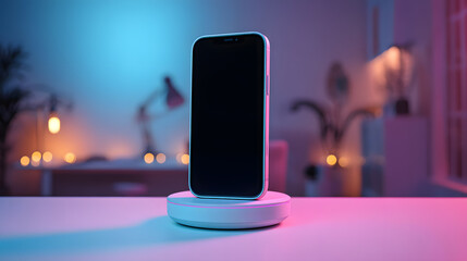 Mobile Phone Mockup on Sleek Stand with Vibrant Neon Lights and Blurred Background