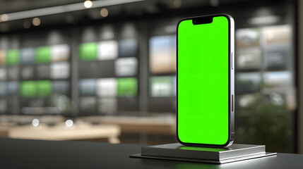 Modern Smartphone Mockup with Green Screen on Sleek Display Stand