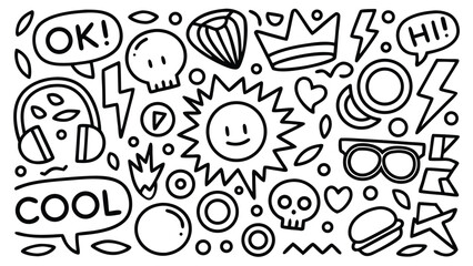 Doodle collage with sun skull crown lightning vector