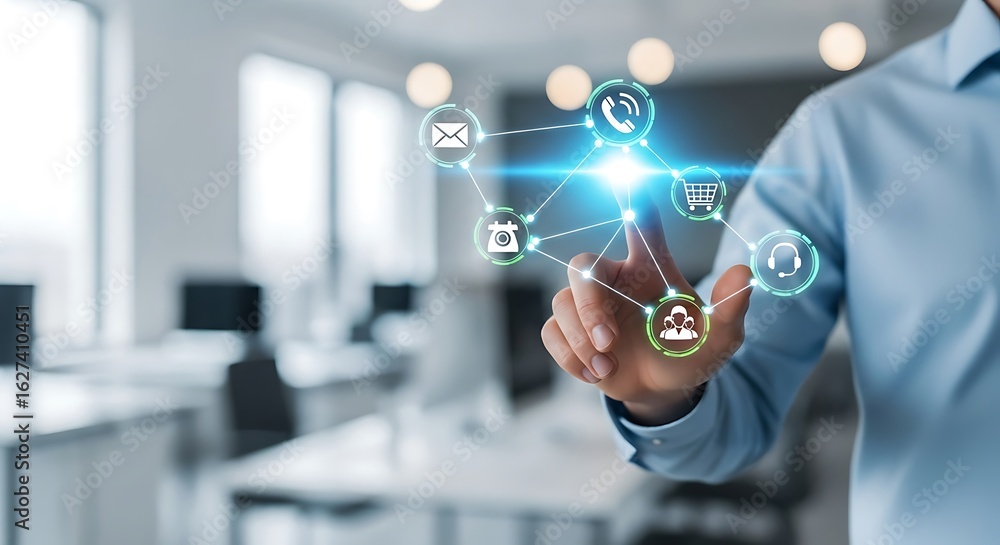 Aufkleber a man interacts with a digital interface displaying communication and business icons in a modern off