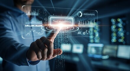 Man interacts with a futuristic holographic interface displaying data and graphs in a high-tech environment.