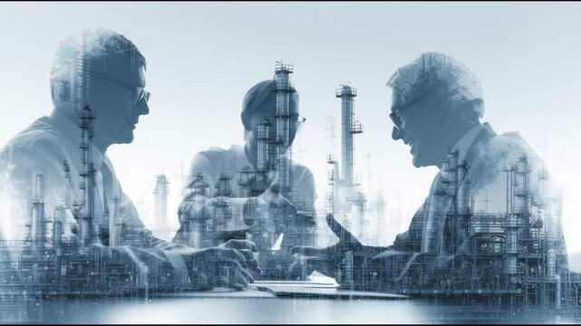 photographic illustration, graphical overlays, office, meeting, chemical industry, people talking, isolated on white background, white borders,
