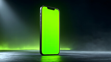 Modern Mobile Phone Mockup with Green Screen on Dark Futuristic Background