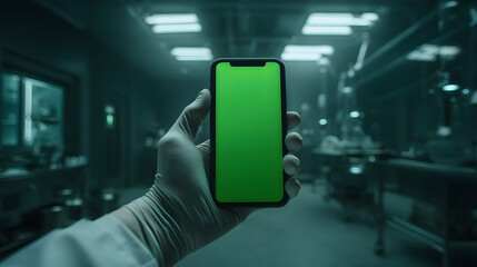 Gloved Hand Holding Modern Smartphone with Green Screen in Scientific Laboratory