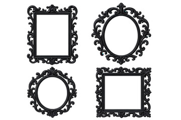 Collection of Four Ornate Black Decorative Frames Featuring Rectangular and Oval Shapes with Intricate Scrollwork