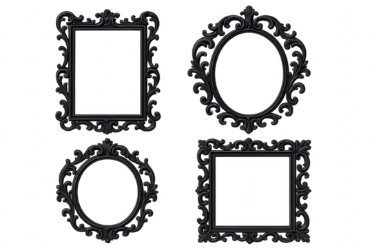 Collection of Four Ornate Black Decorative Frames Featuring Rectangular and Oval Shapes with Intricate Scrollwork