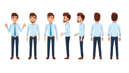 Illustrations of a man in a light blue shirt and dark pants in different poses and angles shown