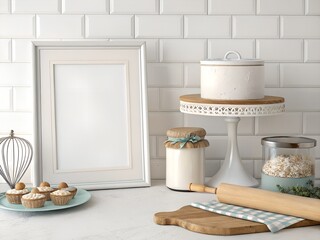 White mockup frame beside a baking station with cake stand, flour jar, and rolling pin
