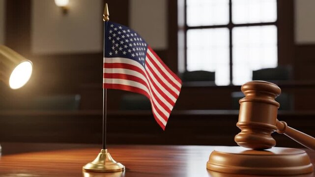 Judge's gavel and American flag on a wooden desk in a courtroom, symbolizing the United States justice system.