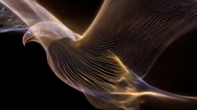 A stylized, translucent eagle with flowing, fibrous wings is depicted against a black background.