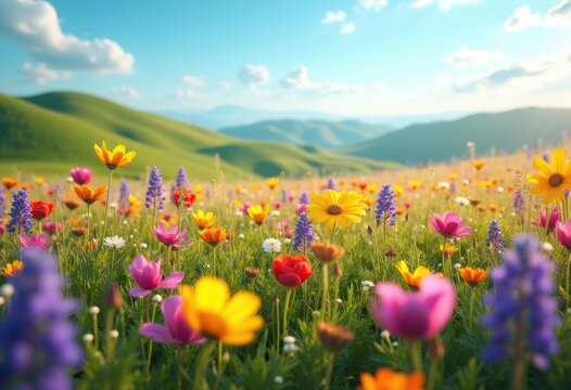vibrant wildflowers blooming amidst lush rolling green hills scenic nature beauty, field, meadow, pasture, flora, petal, landscape, scenery, countryside