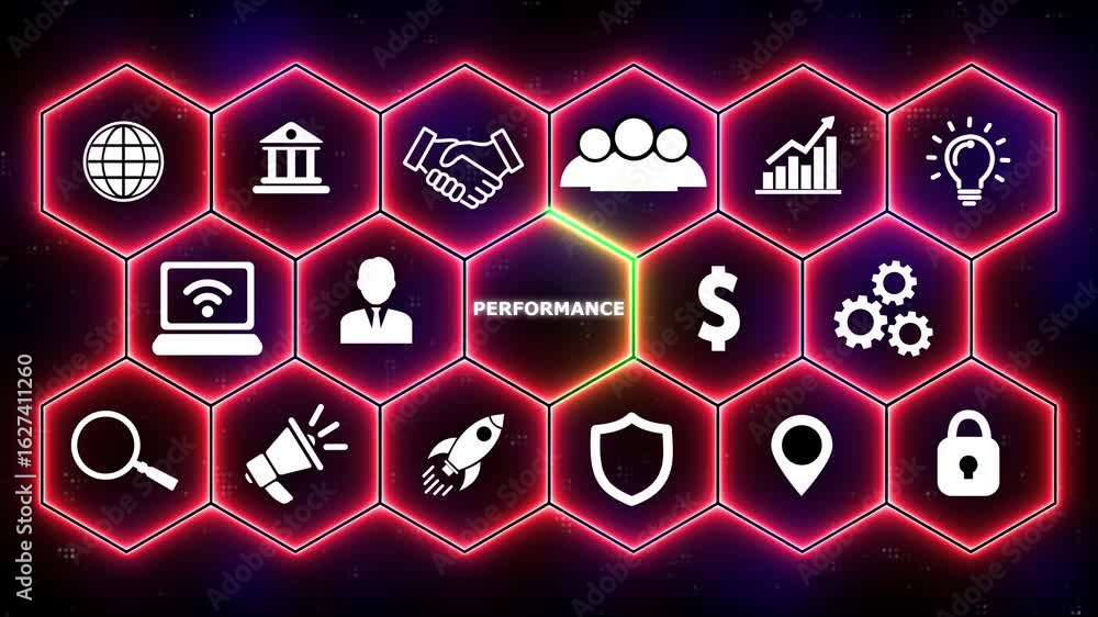 Poster performance indicator business finance concept. glowing animation. hi tech motion graphic background
