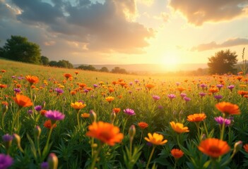 Fototapeta premium vibrant wildflowers blooming lush countryside meadows colorful fields nature beauty scenic serenity, landscape, grass, pollen, daisy, pansy, spring, petal