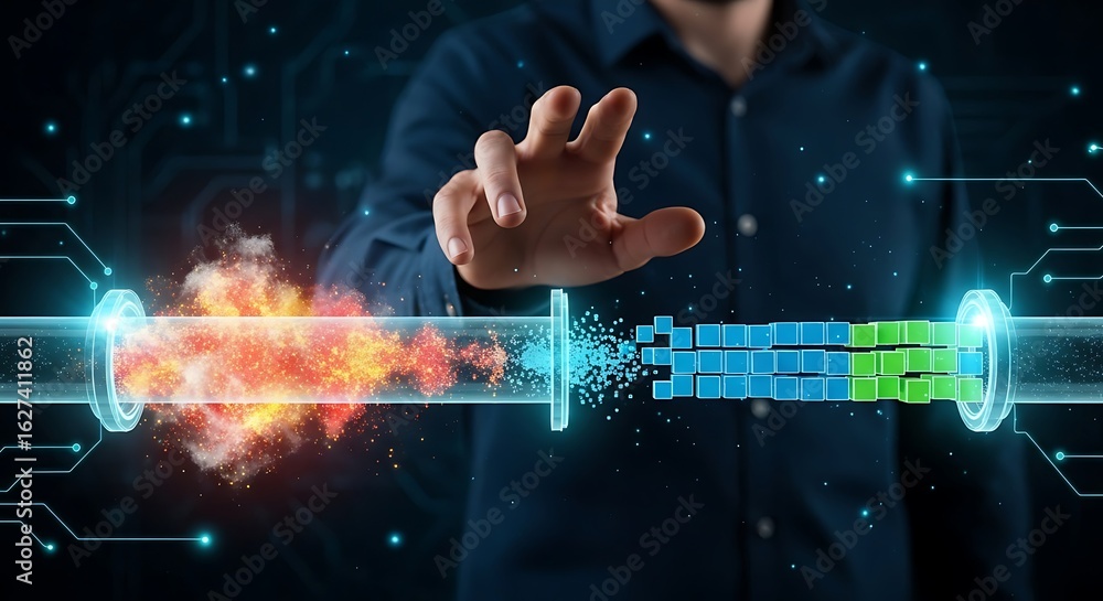 Aufkleber man digitally interacts with a fractured energy pipeline, transitioning from fiery combustion to a c