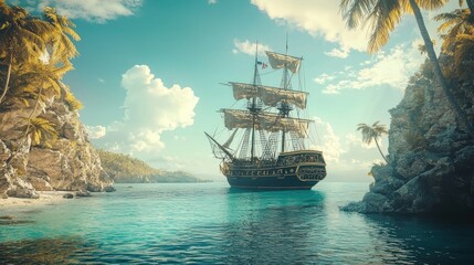 Vintage pirate ship to go anchor in a natural caribbean harbor to seek refuge from British warships, photo with 3d render illustration elements