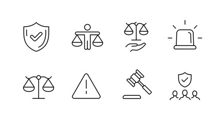Justice and law outline icons set – legal, courtroom, scales of justice symbols