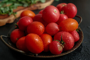 Ripe tomatoes in drops of water in a metal bowl on an old wooden table, vegetables grown on a farm near the house, the concept of delivering tomatoes and vegetables from the farm to the house