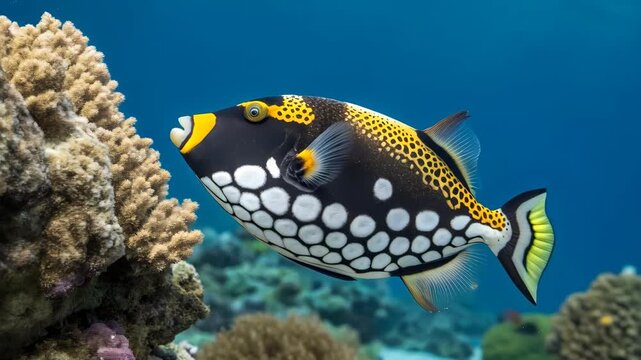 A clown triggerfish with polka dots and vivid yellow highlights near coral rocks