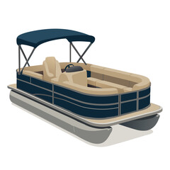 Naklejka premium Dark blue and beige pontoon boat with canopy on white background vector illustration