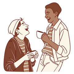 Two diverse friends sharing a laugh and holding coffee cups enjoying a warm conversation together