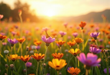 Obraz premium vibrant wildflowers blooming sunlit open fields nature beauty breathing fresh air lush colorful landscape, rainbow, lgbtq, lgbt, pride, love, equality, petal