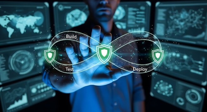 Man presents a digital diagram of software development lifecycle with security shields on multiple screens.