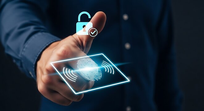 A person's thumb presses a glowing fingerprint scanner, unlocking a padlock icon.