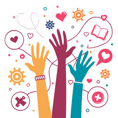 Diverse hands raised in unity and learning symbolizing community support education and charitable giving