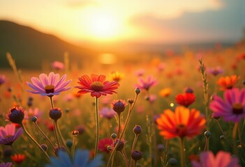 Obraz premium vibrant wildflowers blooming sunlit rolling hills captivating palette colors light, sunlight, landscape, nature, field, meadow, blossom, petal, flora