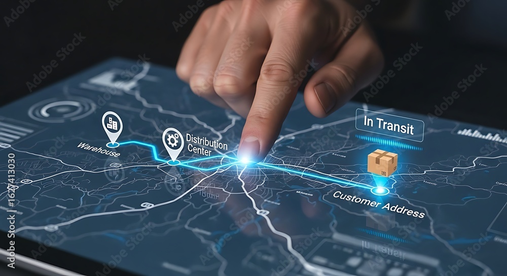 Aufkleber a hand interacting with a digital map showing a package's delivery route and status on a tablet.