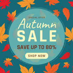 Autumn Sale Banner with Colorful Leaves and Discount Text Vector Illustration.