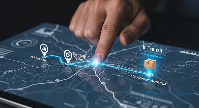 A hand interacting with a digital map showing a package's delivery route and status on a tablet. - Powered by Adobe