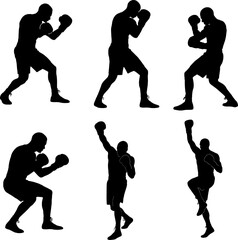 Boxer pose in different angles in black and white silhouette with white background 