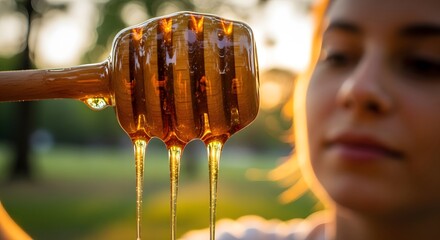 Close up of honey dripping from a wooden dipper with a blurred woman and green background. Warm lighting highlights the amber liquid and the texture of the wood.