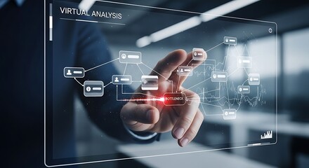Businessman interacts with a virtual analysis interface displaying interconnected data points and graphs.