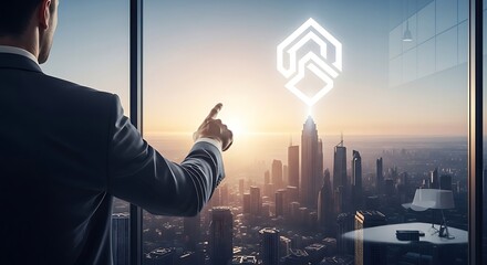 Businessman interacts with futuristic cityscape hologram, planning future success.
