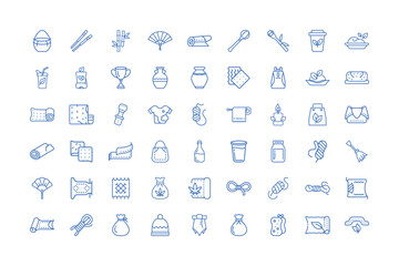 Vector art of collection of asianthemed icons, including food, drink, and cultural elements, isolated on white background