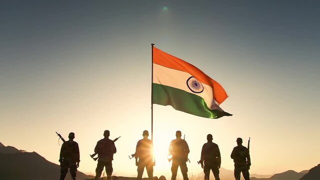 Indian Soldiers Stand Guard with National Flag at Sunset, Patriotic Video