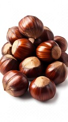 Obraz premium Pile of whole hazelnuts with visible light brown shells and white tips Keywords: hazelnuts, nuts, food, healthy, snack