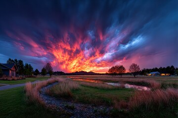 Dramatic sunset over a tranquil landscape