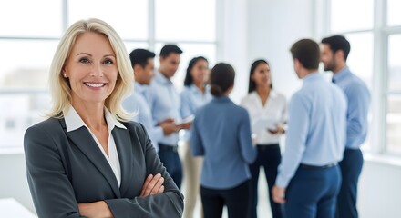Confident businesswoman smiling in modern office environment with diverse team collaborating in background, showcasing leadership and corporate professionalism. Illustration