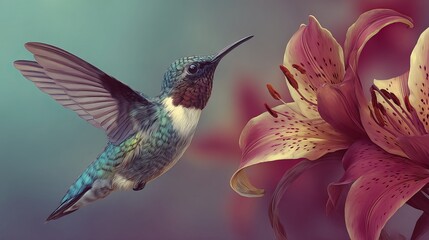 Fototapeta premium Colorful hummingbird in flight drinking nectar from vibrant flower artwork