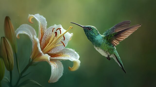 Colorful hummingbird in flight drinking nectar from vibrant flower artwork