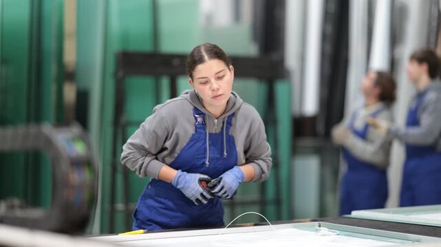 Young woman employee in blue overall measures given length of plastic material, preparatory stage of production chain. Worker determines overall dimensions of workpiece