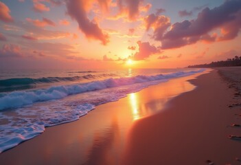vibrant sunset beach waves crashing warm golden sand serene oceanscape natural beauty, sea, shore, tide, nature, sky, horizon, landscape, coastline, water