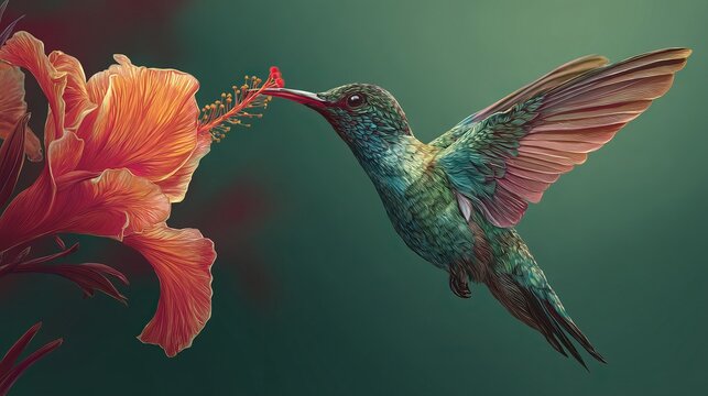 Colorful hummingbird in flight drinking nectar from vibrant flower artwork