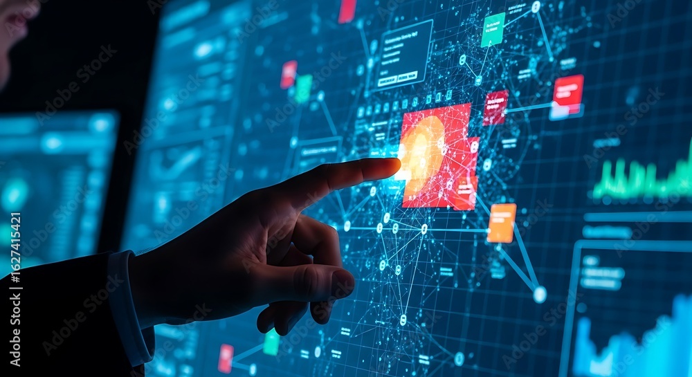 Aufkleber a man in a suit points to a complex digital interface with graphs, charts, and a facial recognition 